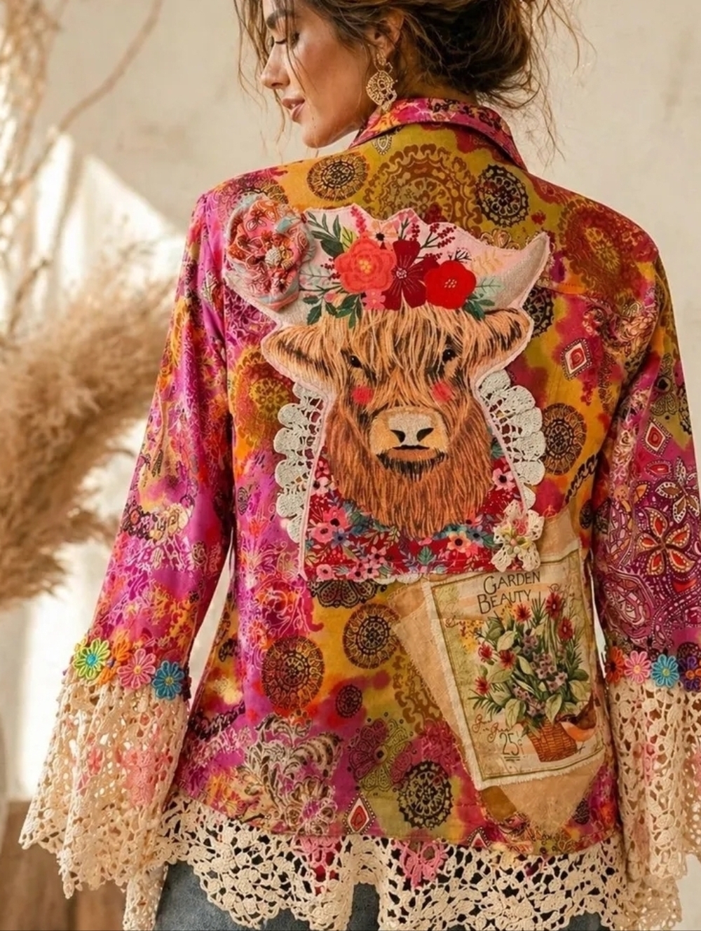 Upcycled Boho Floral Patchwork Jacket with Highland Cow Motif - One Of A Kind